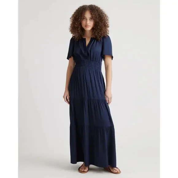 New Quince Silk Tiered Maxi Dress Women’s Small Navy Blue Maxi 4655 - Picture 1 of 11